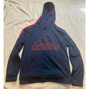 Adidas Boys Hooded Sweatshirt Size L 14/16 Blue Red Logo Stripes Hoodie
